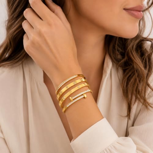 Gold Bangles for Women, 4 Pcs 18K Gold Plated Stainless Steel Stackable Bangle Bracelets, Non Tarnish CZ Bangles Set, Trendy Jewelry Gifts for Women - color: Gold-2