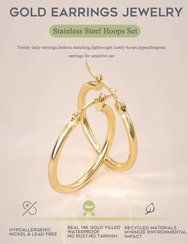 ORAZIO Stainless Steel Hoop Earrings Set Huggie Earrings for Women | Hypoallergenic Thin Small Non Tarnish Lightweight Dainty Trendy 10-20MM Women Stacks Multiple Piercing Jewelry Gift - style: Gold Plated, 4 pairs