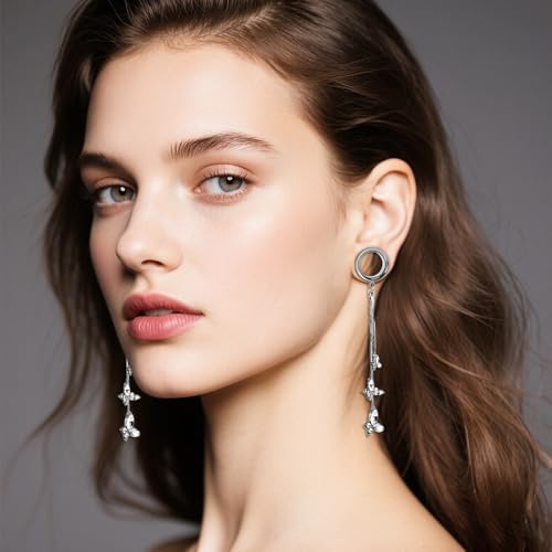 DOEARKO 2PCS New Butterfly-Pendant Hypoallergenic Stainless Steel Dangle Ear Plugs Tunnels Ear Gauges Stretcher Pair Selling 2g 0g Piercing Body Jewelry - color: #313 Silver, size: 8mm