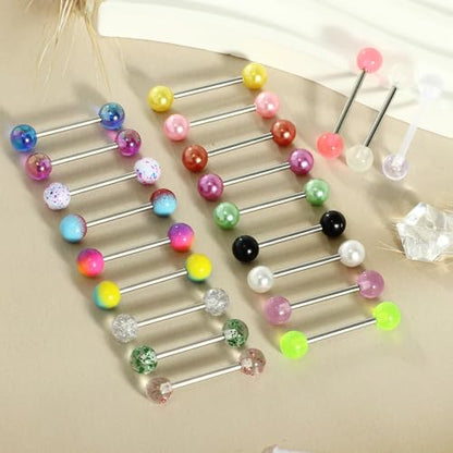 14G Surgical Steel Tongue Rings for Women Men Acrylic Clear Tongue Piercing Jewelry Teaser Slave Ring Skull/Flower/Silicone Soft Spike Ball/CZ/Door Knocker/Pill Tongue Barbell Bars 5/8inch - color: 20pcs mix