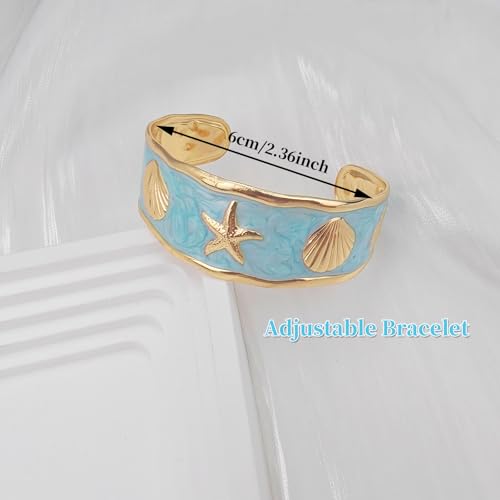 YBMYCM Chunky Shell Cuff Bracelet for Women, Hammered Boho Open Bangle | Adjustable Irregular Wide Bracelets Jewelry Gifts for Women, Perfect for Daily Wear - color: Blue2