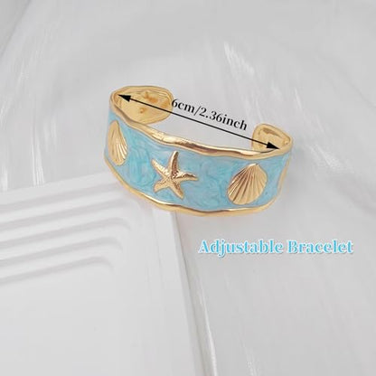 YBMYCM Chunky Shell Cuff Bracelet for Women, Hammered Boho Open Bangle | Adjustable Irregular Wide Bracelets Jewelry Gifts for Women, Perfect for Daily Wear - color: Blue2