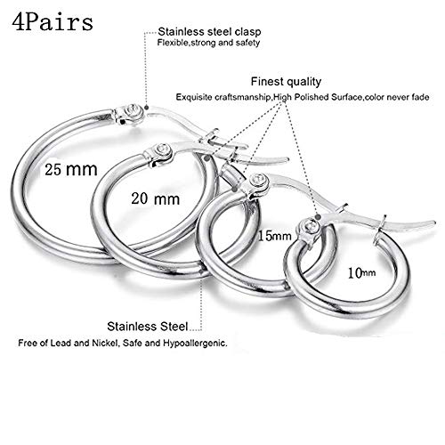 4 Pairs Stainless Steel Round Hoop Cute Huggie Earrings For Women Small Hoop Earring Set(10mm,15mm,20mm,25mm) - color: Silver Tone-4Pairs