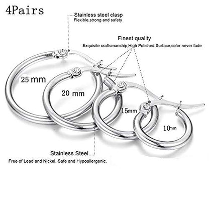 4 Pairs Stainless Steel Round Hoop Cute Huggie Earrings For Women Small Hoop Earring Set(10mm,15mm,20mm,25mm) - color: Silver Tone-4Pairs