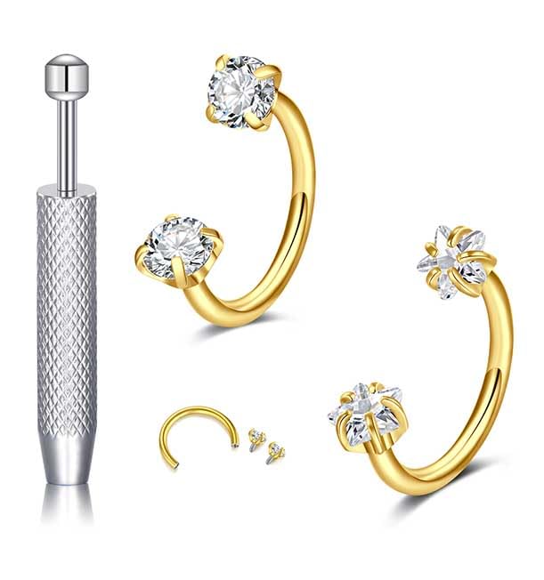 18G 20G Horseshoe Nose Rings Studs,Surgical Steel Nose Ring Pink Cubic Zirconia Nose Piercing,Internally Threaded Nose Rings For Women,Pink and Silver Zirconia - color: 20G-Gold-Star CZ