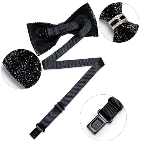 DiBanGu Mens Rhinestone Bow Tie with Ring and Lapel Pin Set | Adjustable Strap,Pre-tied Style,3PCS,Sequin Diamond Bowties，Solid/Mix Color,Shiny Accessory,for Party Prom Banquet Wedding - color: Black
