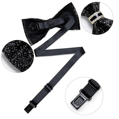 DiBanGu Mens Rhinestone Bow Tie with Ring and Lapel Pin Set | Adjustable Strap,Pre-tied Style,3PCS,Sequin Diamond Bowties，Solid/Mix Color,Shiny Accessory,for Party Prom Banquet Wedding - color: Black