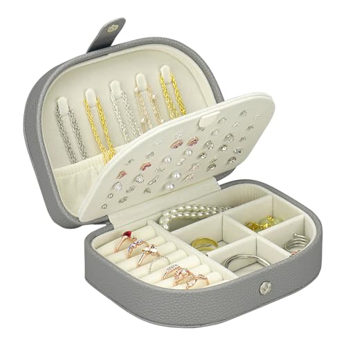 Travel Jewelry Case for women, Small Travel Jewelry Box | Pink Leather Double-Layer Portable Jewlery Organizers Box, Mini Travel Jewelry Organizer for Stud Earrings, Rings, Necklaces - color: Light Gray
