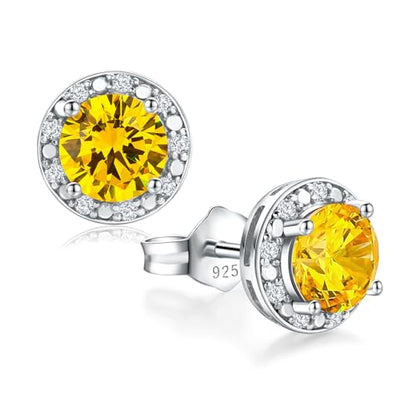 Dainty Birthstone Earrings for Women Sterling Silver Small Stud Earrings with Halo Cushion/Round Created Gemstone Earrings Birthstone Jewelry - style: B 11. Nov./created citrine-round cut