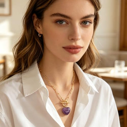 Teardrop CZ Pendant Paperclip Chain Necklace 18K Plated Paperclip Toggle Necklace Jewelry Birthstone Gift for Women - color: Heart Amethyst
