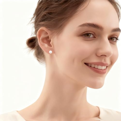 White Faux Pearl Stud Earrings, S925 Silver Posts Hypoallergenic for Women - color: White, size: 8mm