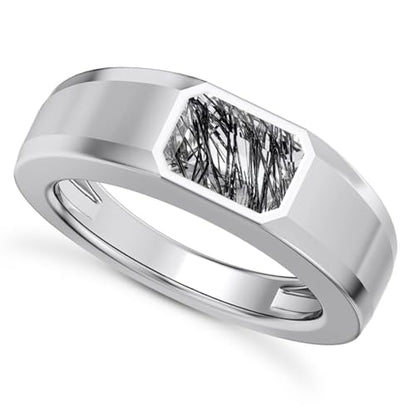 1CT - 3CT Gemstone Signet Pinky Ring - Emerald Cut Gem Pinky Ring White Yellow Rose 10K 14K 18K Gold Sterling Silver Mens Gem Signet Rings for Anniversary Fathers Day - style: Black Rutilated Quartz