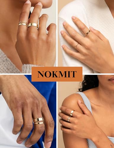 NOKMIT 1mm 3mm 5mm 14K Gold Filled Rings Set for Women, Non Tarnish Band | Dainty Gold Thumb Pinky Ring | Minimalist Stacking Wedding Band | Anillos de Oro 14K de Mujer | Size 5 to 10