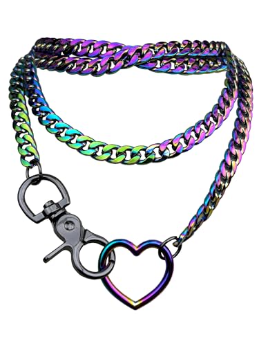 paloli Women's Slip Chain Rainbow Heart O-Ring Chunky Chain Necklace, Rays Cuban Long Layered Jewelry, Adjustable Lariat Y-Necklace Heart Loop Choker - color: A-Heart-Rainbow