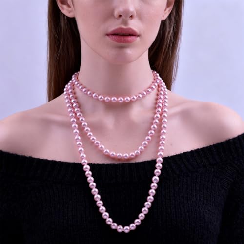 Pearl Necklaces for Women 60'' 70" Long Pearl Necklace 15.75'' Pearl Choker Necklace Chunky Bead Layered Faux Pearl Dangle Wedding Bridal 1920s Gatsby Christmas Costume Jewelry Gifts - color: Pink-60“