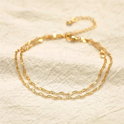 Robaice Ankle Bracelets for Women, 14K Gold Plated/Silver Layered Anklets | Waterproof Adjustable Anklet for Women, Summer Beach Anklet, Glitter Jewelry for Women Gifts - color: Gold-4
