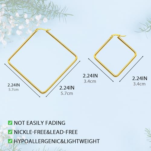 Hoop Earrings for Women - 18K Gold Plated Copper Minimalist Jewelry, Hypoallergenic Lightweight Design Fashion Statement Accessories for Daily Wear & Gifts - size: 34mm+57mm