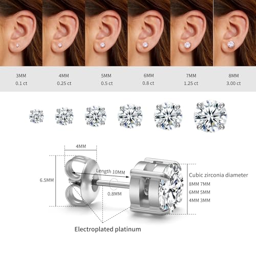 316L Stainless Steel Stud Set for Women Men, 20G Hypoallergenic Cartilage Jewelry with 2mm–8mm CZ Zirconia, Silver & Gold for Sensitive Ear Piercing - color: 18K White Gold