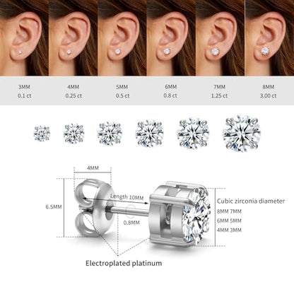 316L Stainless Steel Stud Set for Women Men, 20G Hypoallergenic Cartilage Jewelry with 2mm–8mm CZ Zirconia, Silver & Gold for Sensitive Ear Piercing - color: 18K White Gold