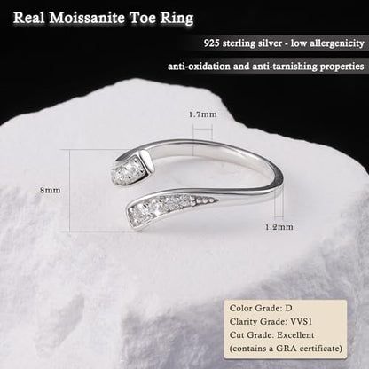 Moissanite Toe Ring for Women - 925 Sterling Silver 3mm 0.3CT Adjustable Round Moissanite Toe Ring Pinky Ring D Color VVS1 Size 3# to 7#