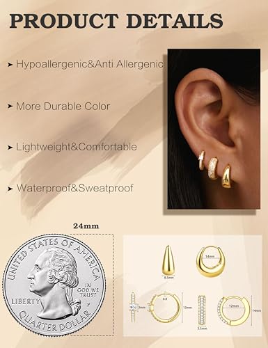 ORAZIO Small Gold Hoop Earrings for Women Hypoallergenic 14K Gold Plated Chunky Huggie Earring Sets for Multiple Piercing Dainty Earing Stacks Set Cute Silver Cartilage Jewelry Trendy Gifts - style: 14K Gold Plated-Classic