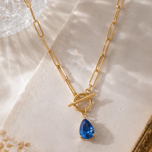 Teardrop CZ Pendant Paperclip Chain Necklace 18K Plated Paperclip Toggle Necklace Jewelry Birthstone Gift for Women - color: Tanzanite-December