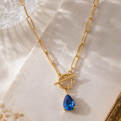 Teardrop CZ Pendant Paperclip Chain Necklace 18K Plated Paperclip Toggle Necklace Jewelry Birthstone Gift for Women - color: Tanzanite-December