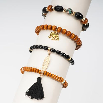 Boho Wooden Beads Bracelets Bohemian Bracelet Stack for Men Women Wood Beaded Bracelet Set - color: S