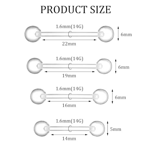 8 Pcs 14G Clear Acrylic Tongue Rings 14mm 16mm 19mm 22mm | Clear Acrylic Plastic Nipple Rings ， Plastic Nipple Piercings