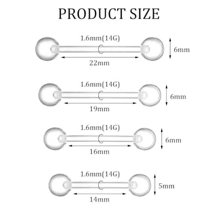 8 Pcs 14G Clear Acrylic Tongue Rings 14mm 16mm 19mm 22mm | Clear Acrylic Plastic Nipple Rings ， Plastic Nipple Piercings