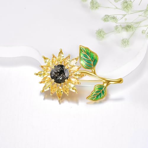Sunflower Brooch with Natural Citrine for Women, 18k Gold Plated 925 Sterling Silver Sunflower Pins for Clothes, Yellow Sunshine Flower Brooches Jewelry - style: Style 2