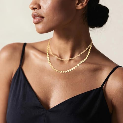 Layered Necklaces for Women 14k Gold Plated Chain Necklace Trendy Dainty Toggle Clasp Chunky Cuban Link Paperclip Chain Jewelry Gift - style: Style 2：Heart Layered Chain