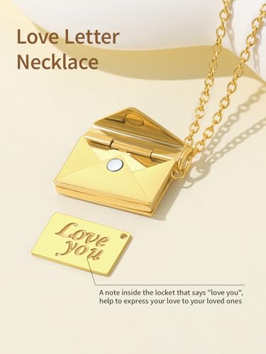 FindChic Locket Necklace for Women Custom Photo Memorial Gifts 4 Colors | Silver/Black/Rose Gold/Gold Plated Personalized for Loved Ones, Birthday Valentine's Day Keepsake - style: 07. Love Letter-Gold