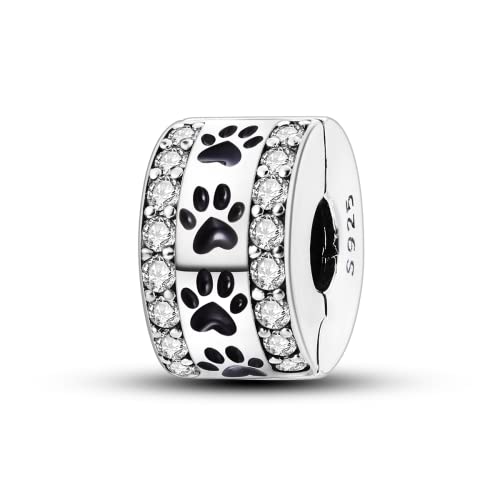 Parmuz Clip Spacer Charm for Bracelet 925 Sterling Silver Stopper Beads | Pave Lock Stopper Charm for Necklace Pink Daisy Butterfly Cubic Zirconia Openable Beads Jewelry Gift for Woman - color: paw print pave clip charm