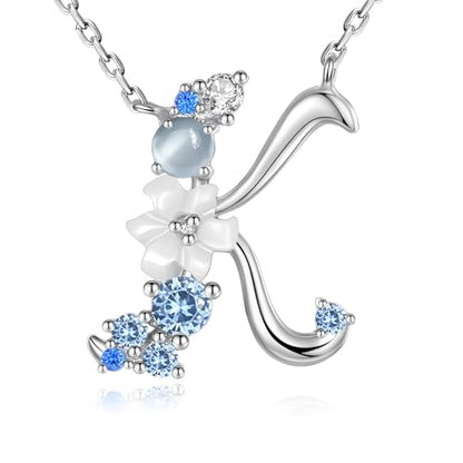 VIKI LYNN Initial Necklace for Women 925 Sterling Silver Initial A to Z Letter Pendant Necklace with Blue Flower Cubic Zirconia Birthday Engagement Gift for Women,Mom, Couple - style: Letter K