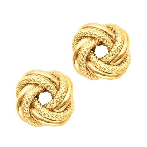 14k Yellow Gold Shiny And Textured Double Row Love Knot Stud Earrings, 10mm
