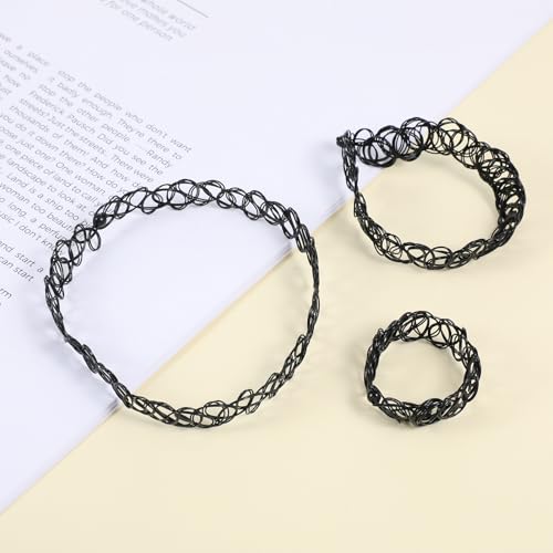 9 Pcs Tattoo Choker Necklace Bracelet Ring Set Tattoo Stretch Collection Gothic Choker Necklaces Y2K Fashion Vintage Elastic Neck Lace Stretchy Tattoos Effect Accessories for Women