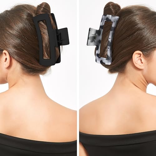 XXL Jumbo Rectangle Claw Clips for Thick Hair - Strong Hold Hair Clips | Rectangle Design | Matte Finish | Non Slip | Wide Opening | 2 Pack (Black & Gray Leopard) - color: Black & Gray Leopard