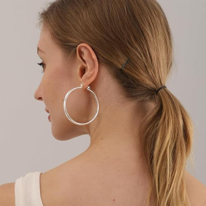 4mm Thick Gold Chunky Earrings Steling Silver Post Hoops Earrings For Women Hollow Tube Hoops Earrings Thick Gold Hoop Earrings Hypoallergenic Lightweight Gold Hoop Large Earrings 20/30/40/50/60MM - color: Silver,50mm