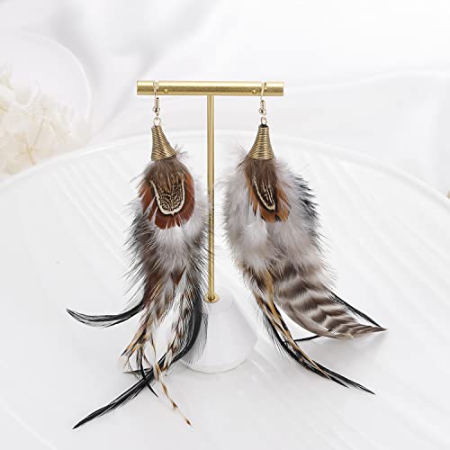 Bohemian Pheasant Peacock Long Feathers Statement Earrings Handmade Natural Lightweight Feather Dangle Earrings for Women (ea000071) - color: Brown A