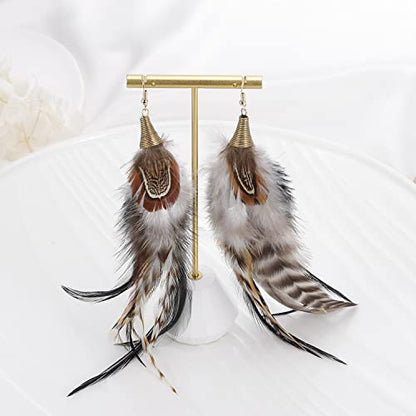 Bohemian Pheasant Peacock Long Feathers Statement Earrings Handmade Natural Lightweight Feather Dangle Earrings for Women (ea000071) - color: Brown A