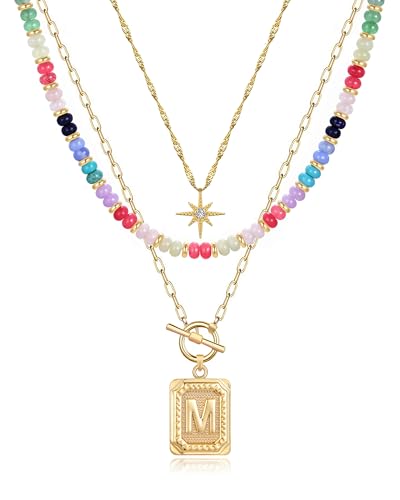 MJartoria Layered Initial Necklaces for Women | 14K Gold Plated Brass, Star Choker, Colorful Beaded, Square Letter Pendant, - color: Gold Plated, style: M
