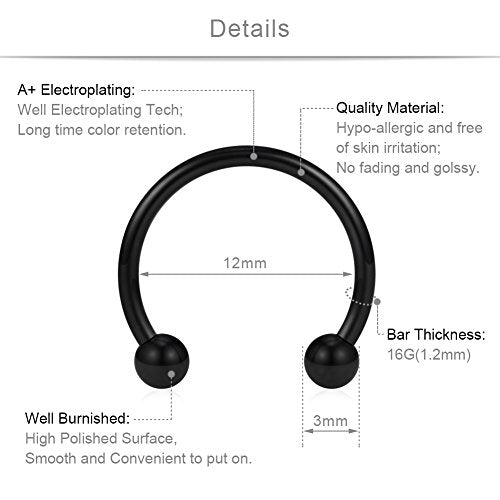 SCERRING 8PCS 16G Stainless Steel Nose Septum Horseshoe Earring Eyebrow Septum Lip Helix Tragus Piercing Ring 6-12mm - color: 8PCS - Black