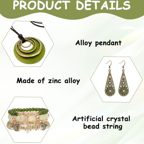 3 Pcs Boho Jewelry for Women Set, Disc Necklace Crystal Teardrop Earrings Beaded Bracelet, Bohemian Style Jade Jewelry Fit Warm-Weather Beach Vacation Accessories