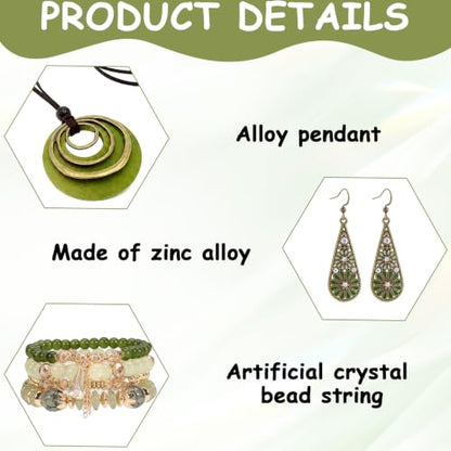 3 Pcs Boho Jewelry for Women Set, Disc Necklace Crystal Teardrop Earrings Beaded Bracelet, Bohemian Style Jade Jewelry Fit Warm-Weather Beach Vacation Accessories