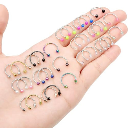 20/18/16/14G Horseshoe Septum Nose Lip Rings Smile Piercings 6/8/10/12/14/16mm Cartilage Helix Daith Earrings Surgical Steel Jewelry for Women Men - size: 18g*1/2in(12mm)