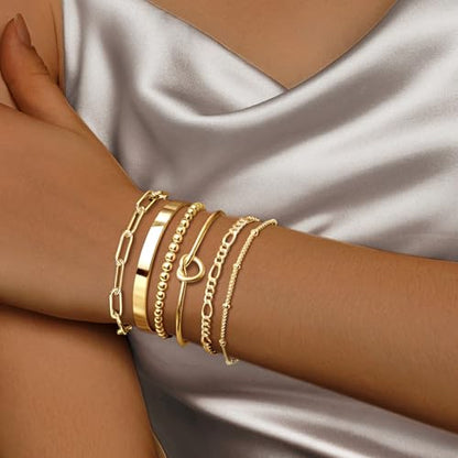 HERIER Gold Bracelets for Women 18k Gold Plated Bracelet Stack Bangle Cuff Bracelet Set for Women Non Tarnish Beaded/Paperclip/Cuban Link Chain Bracelets Jewelry for Women Trendy - style: Bangles Bracelets Set-Gold