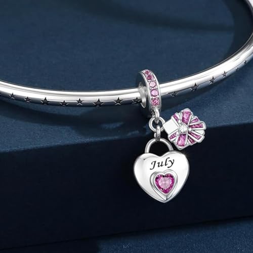 Love Heart Birthstone Dangle Charms Compatible with Pandora Bracelets | 925 Sterling Silver 5A Cubic Zirconia Mother's Day Christmas Birthday Birthstone Gifts Bead Charm Pendants Women Jewelry - color: July Dangle Birthstone Charms