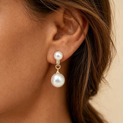 Pearl Earrings for Women Trendy, 14k Gold Plated Freshwater CZ Leaf Pearl Dangle Drop Gold Earrings Lightweight Hypoallergenic Stud Earring Bridesmaid Wedding Gold Jewelry for Women Gifts - style: two pearl earrings