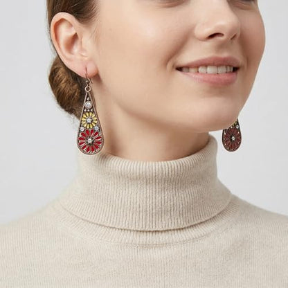 Bohemian Crystal Teardrop Dangle Earrings, Copper, Tribal Geometric Design, Handmade National Style for Women - color: Red